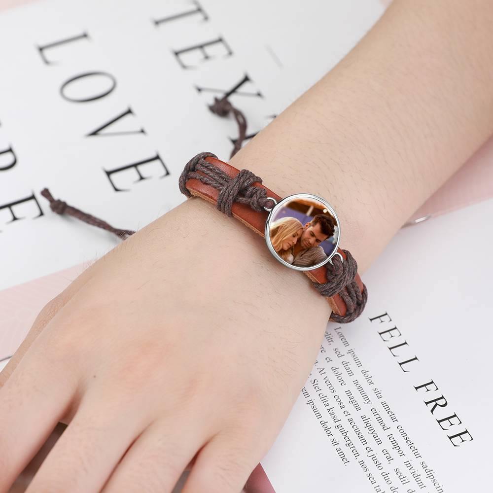 Photo Bracelet, Unique Gift Brown Leather Square-shaped Platinum Plated Silver - Colorful