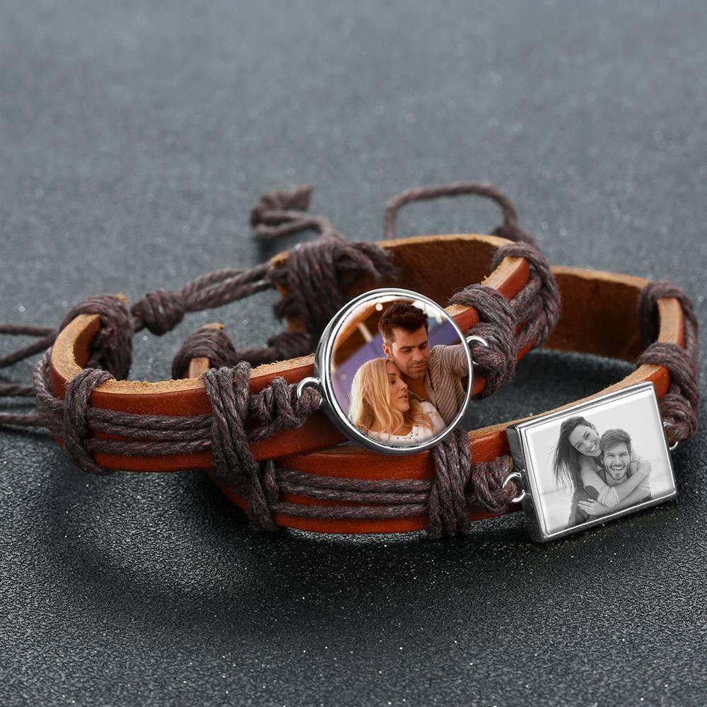 Photo Bracelet, Unique Gift Brown Leather Square-shaped Platinum Plated Silver - Colorful
