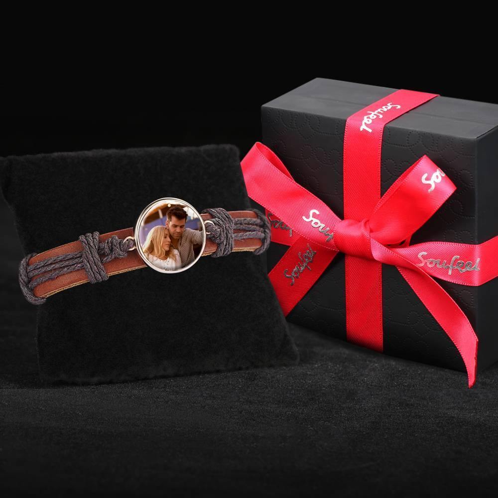 Photo Bracelet, Unique Gift Brown Leather Square-shaped Platinum Plated Silver - Colorful