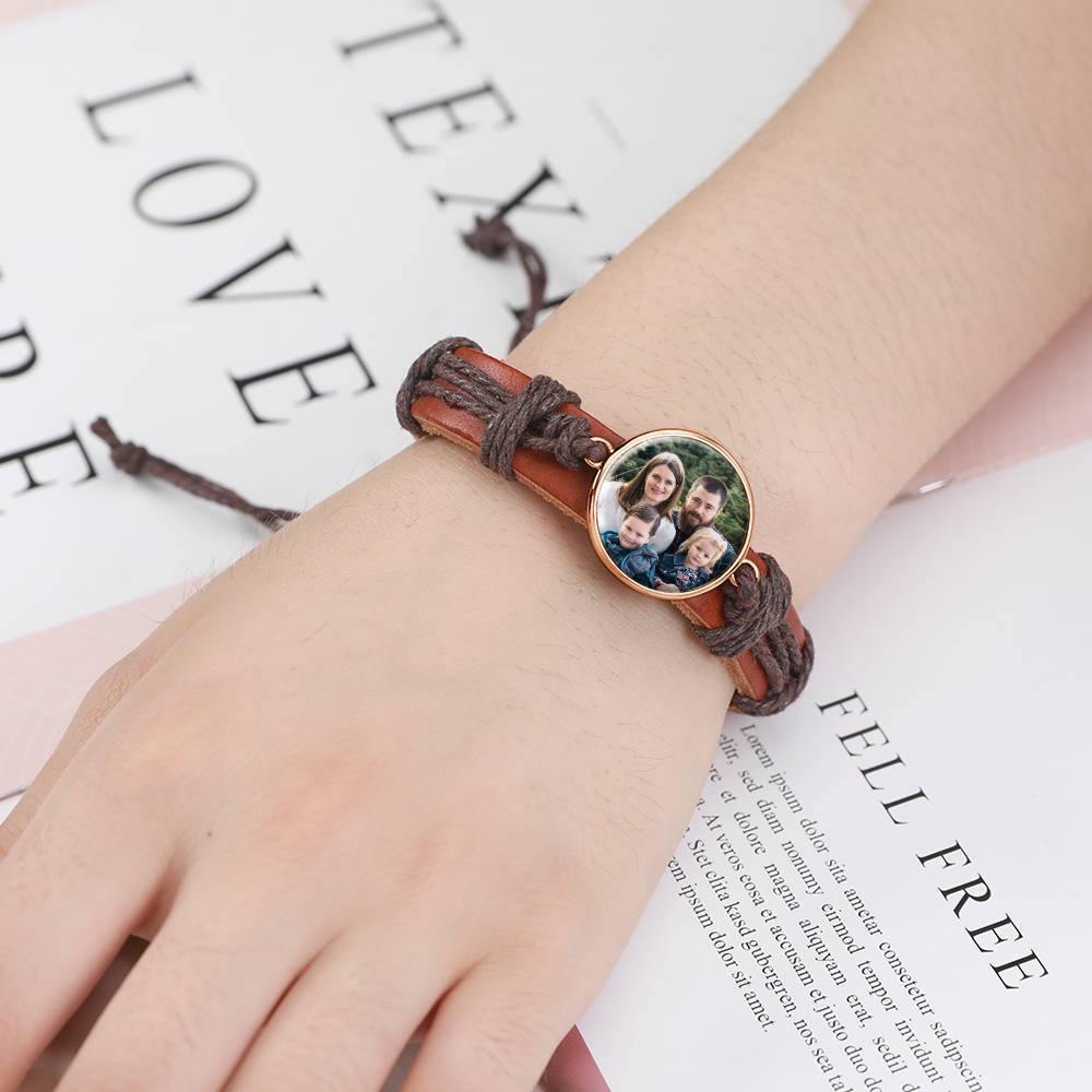 Photo Bracelet, Keepsake Gift Brown Leather Square-shaped Rose Gold Plated - Colorful