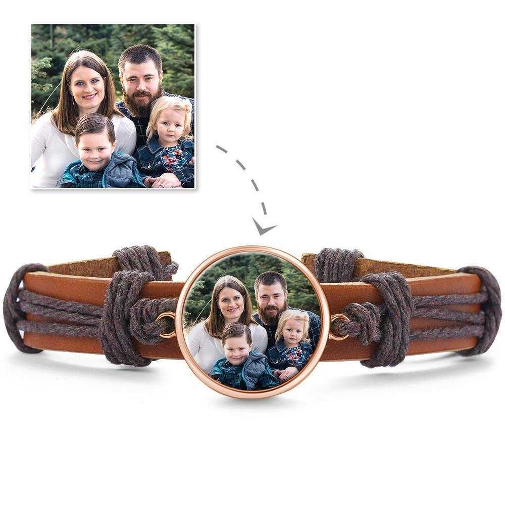 Photo Bracelet, Unique Gift Brown Leather Square-shaped Platinum Plated Silver - Colorful
