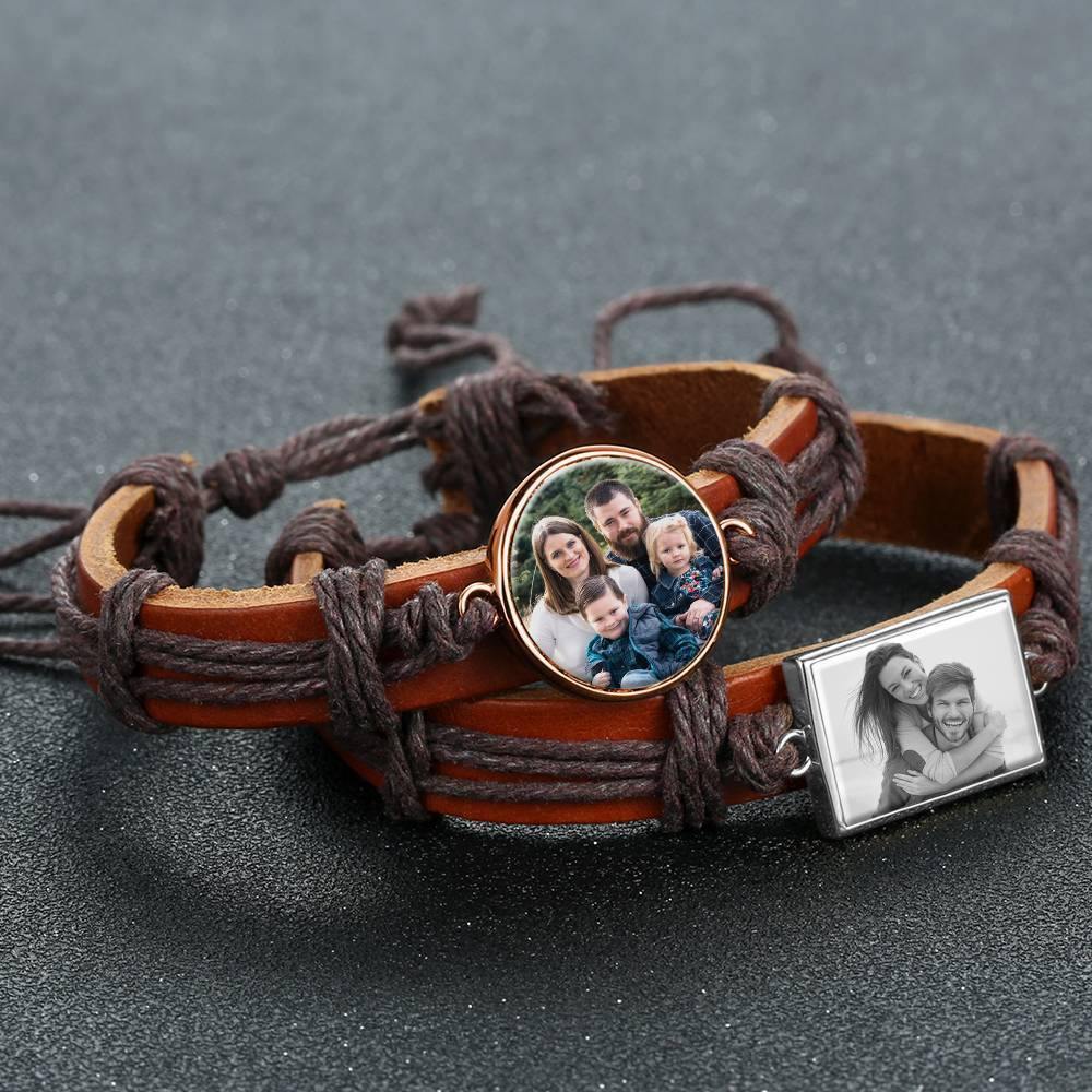 Photo Bracelet, Keepsake Gift Brown Leather Square-shaped Rose Gold Plated - Colorful