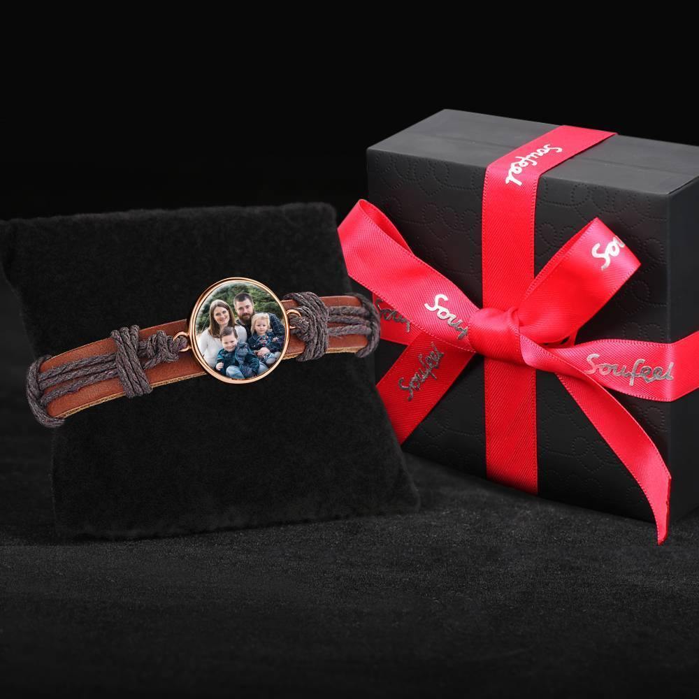 Photo Bracelet, Keepsake Gift Brown Leather Square-shaped Rose Gold Plated - Colorful