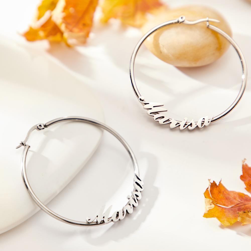 Custom Engraved Earrings Big Hoop Cursive Earrings Gift for Women