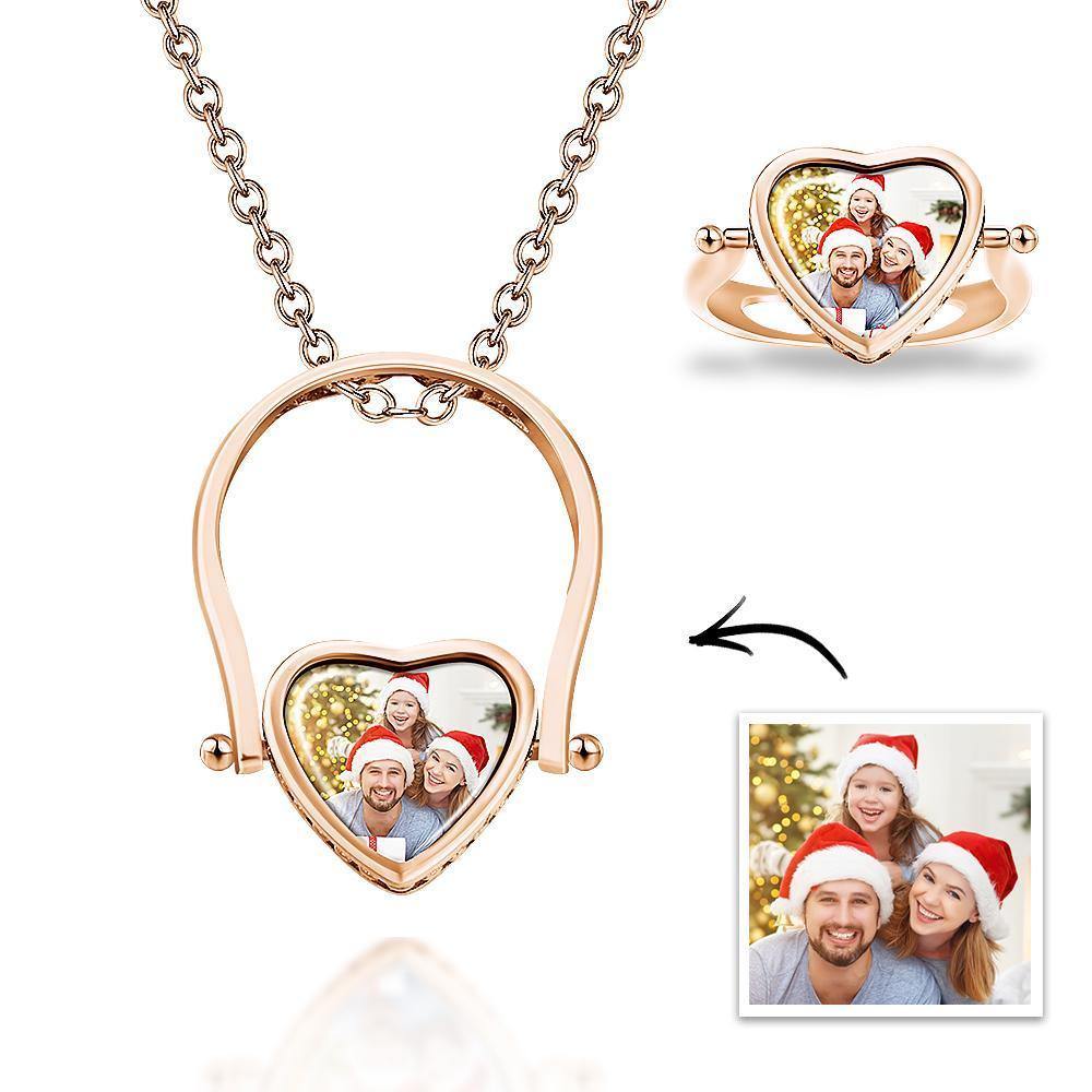 Custom Photo Necklace, Photo Ring Couple's Gifts Dual-use (Ring Size 5#) 14k Gold Plated Silver