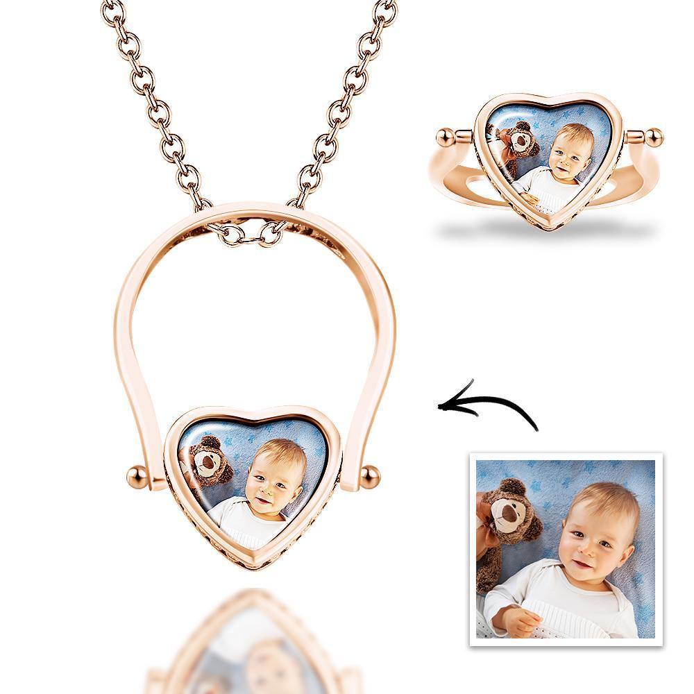 Photo Necklace, Photo Ring Unique Design Dual-use (Ring Size 7#) 14k Gold Plated Silver