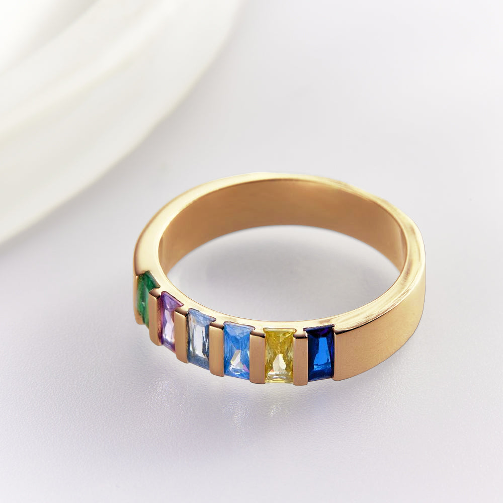 Custom Baguette Birthstone Ring 18k Gold Plated Personalized Family Ring Gift For Her