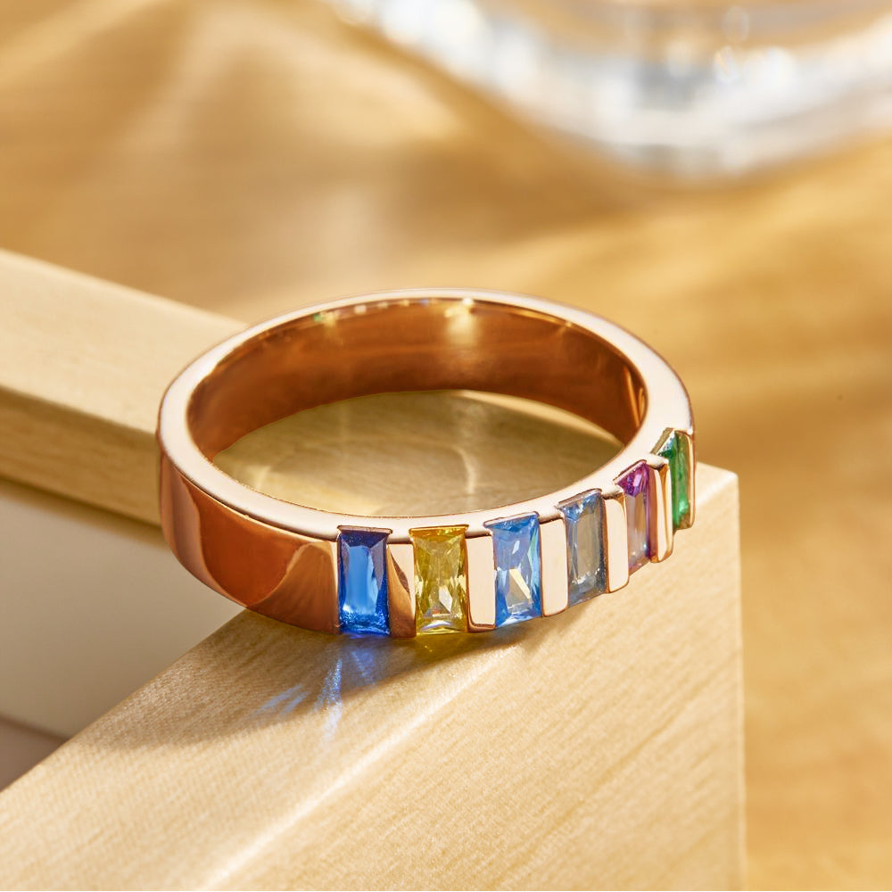Custom Baguette Birthstone Ring Rose Gold Plated Personalized Family Ring Gift For Her