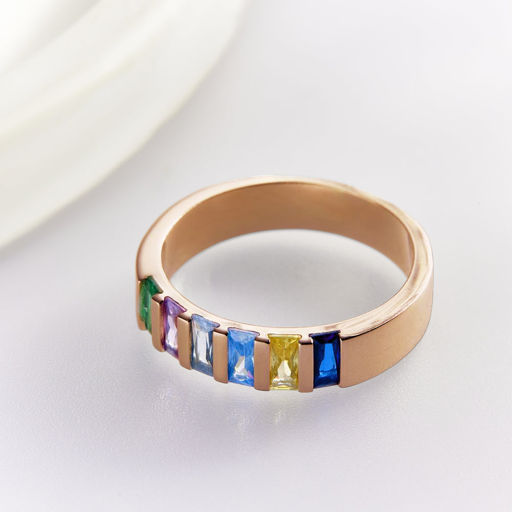 Custom Baguette Birthstone Ring Rose Gold Plated Personalized Family Ring Gift For Her