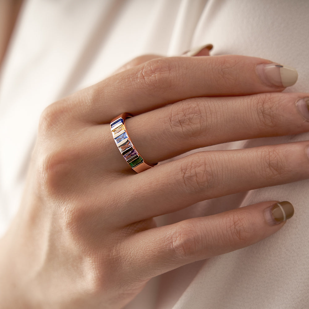 Custom Baguette Birthstone Ring Rose Gold Plated Personalized Family Ring Gift For Her