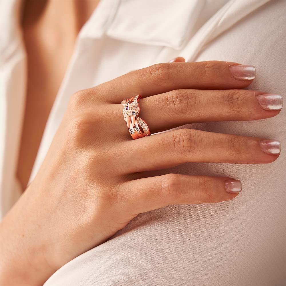 Custom Name and Text Birthstone Ring Rose Gold Plated Personalized Family Ring Gift For Her