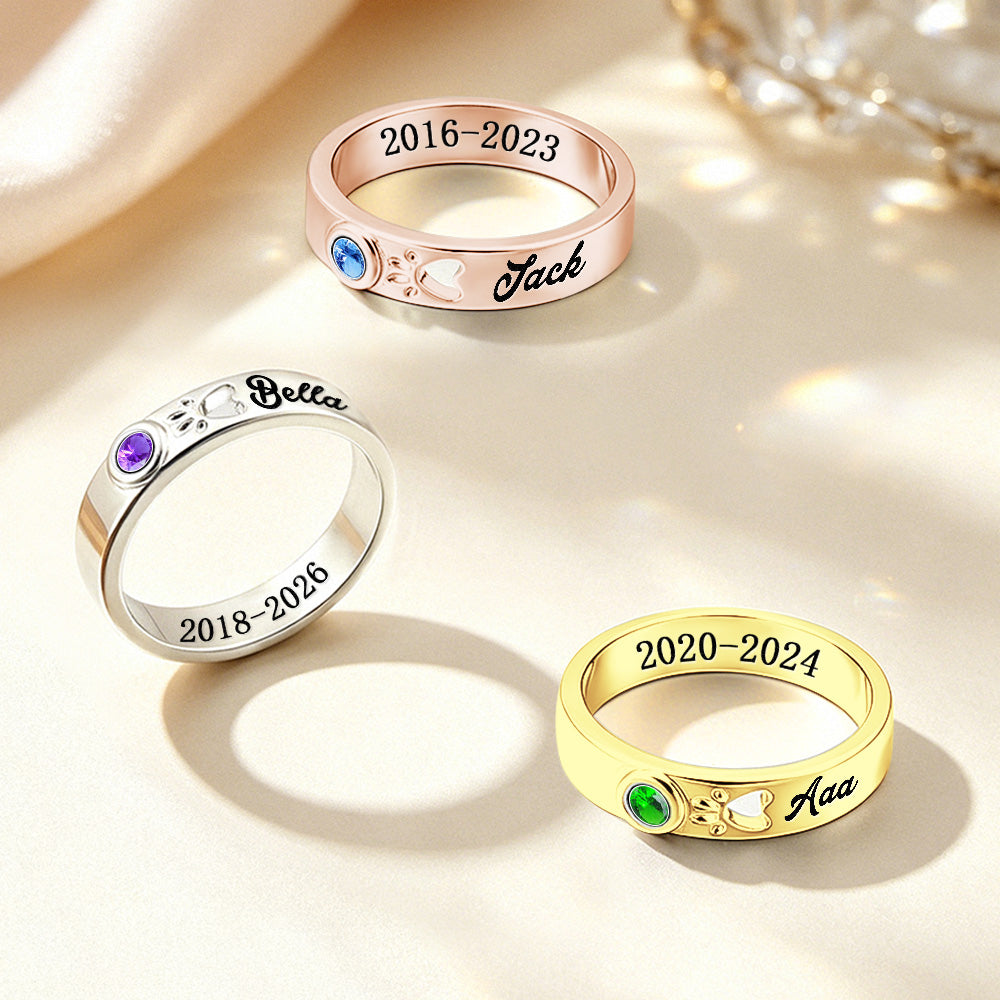 Personalized Pet Memorial Ring with Birthstone – Custom Engraved Remembrance Jewelry