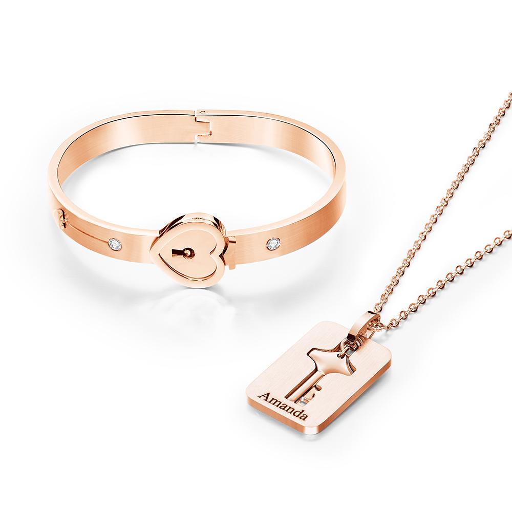 Custom Engraved Concentric Lock Bracelet Key Necklace Couple Gifts