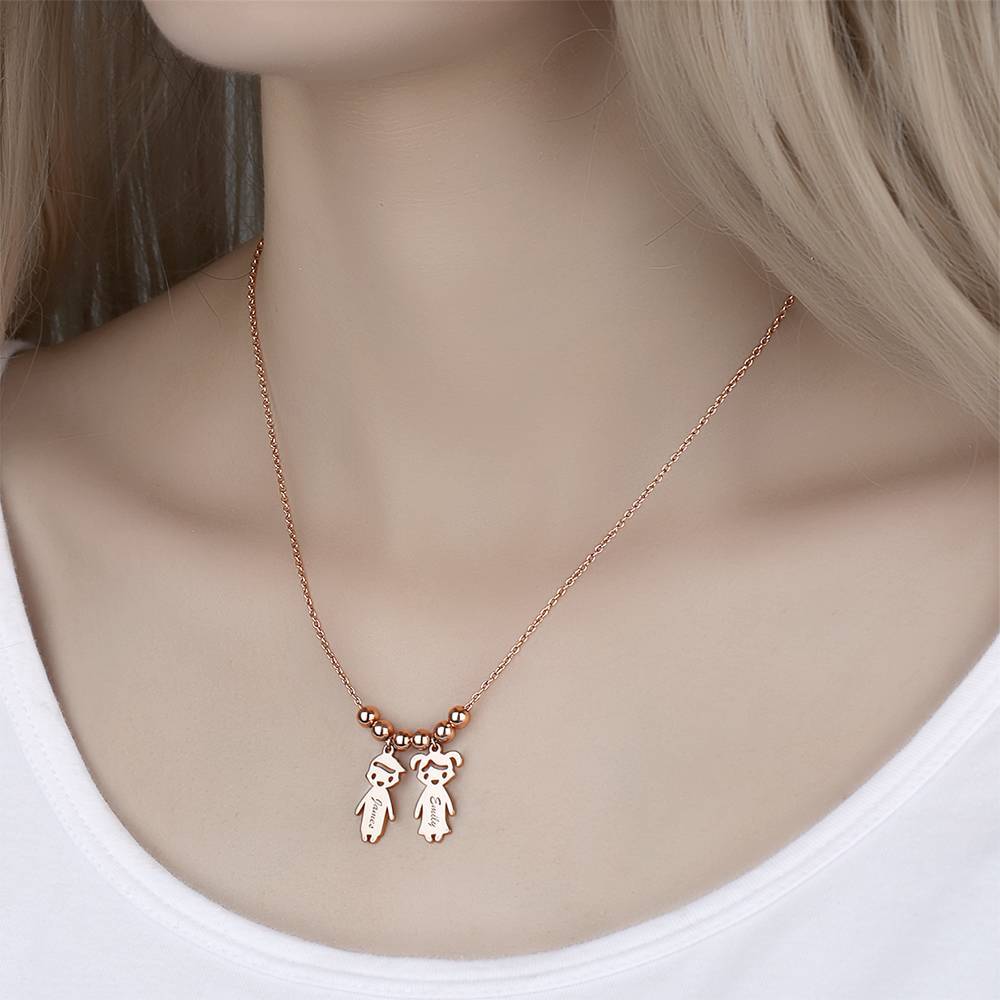 Kids Name Necklace with Engraving, Children Charms Necklace Smile Face Mom Jewelry Rose Gold Plated