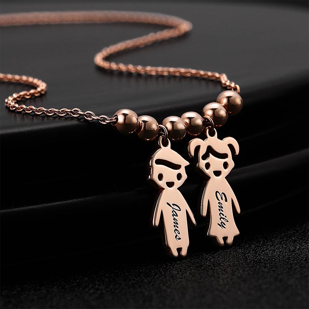 Kids Name Necklace with Engraving, Children Charms Necklace Smile Face Mom Jewelry Rose Gold Plated