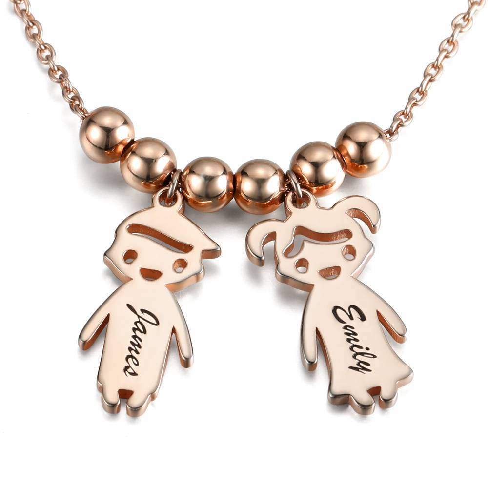 Kids Name Necklace with Engraving, Children Charms Necklace Smile Face Mom Jewelry Rose Gold Plated