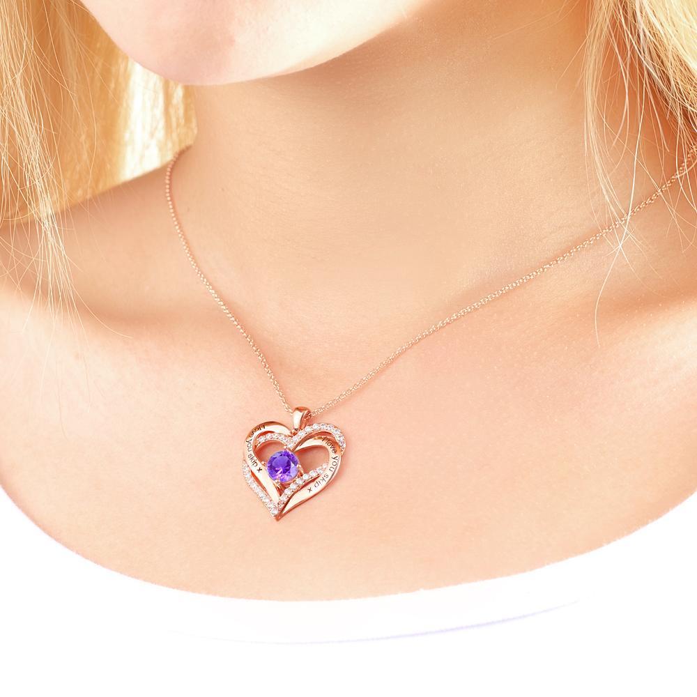 Custom Engraved For Diamond Heart Pendant Necklace With Birthstone Gift For Women
