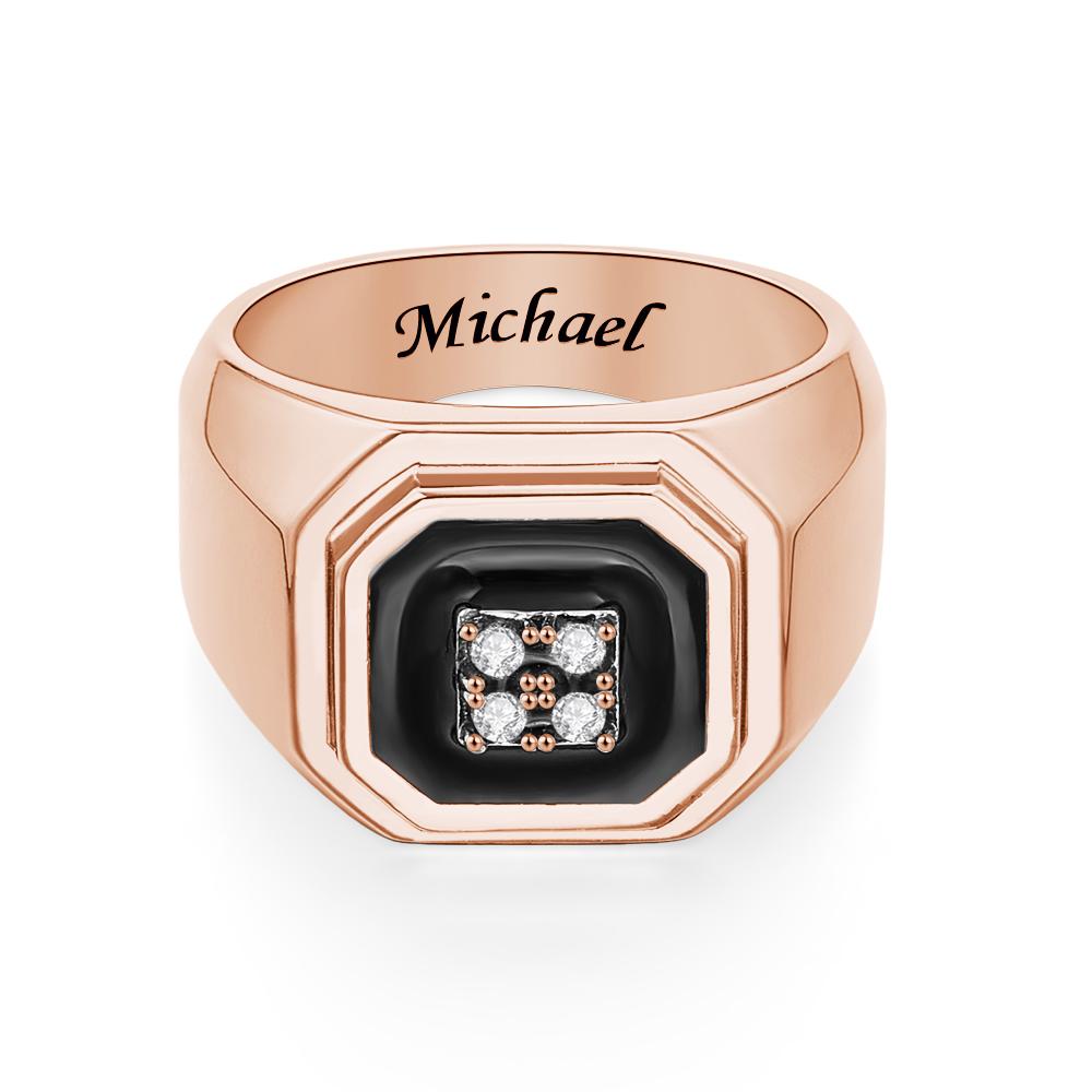 Engraved Ice Ring Black Decor Bright Stone Jeweley Ring For Men