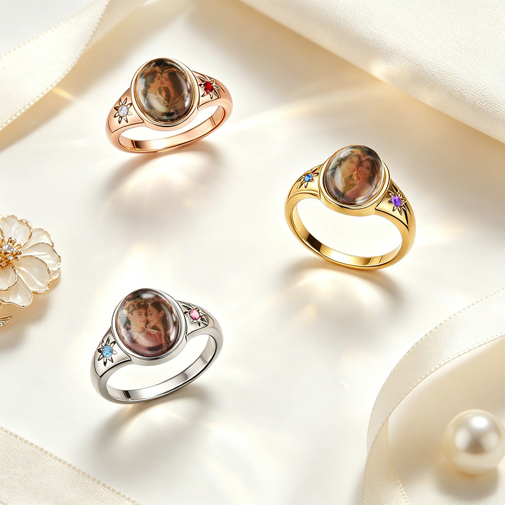Personalized Birthstone Photo Ring 2 Photo Colors Custom Jewelry Perfect Gift for Her Anniversary Gift Mother's Day Gift