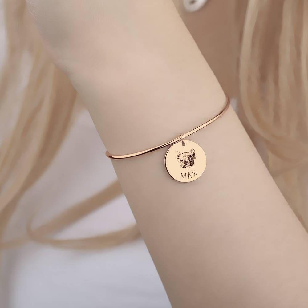 Photo Portrait Bangle with Engraving Round Shape, Custom Portrait Jewellery Rose Gold Plated