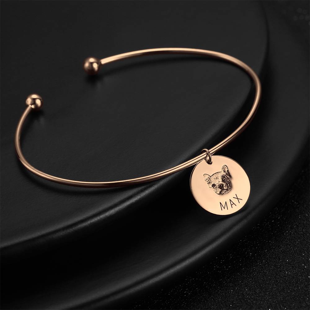 Photo Portrait Bangle with Engraving Round Shape, Custom Portrait Jewellery Rose Gold Plated