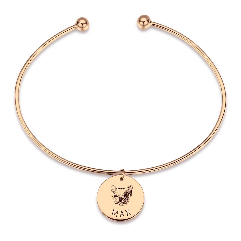 Photo Portrait Bangle with Engraving Round Shape, Custom Portrait Jewellery Platinum Plated - Silver