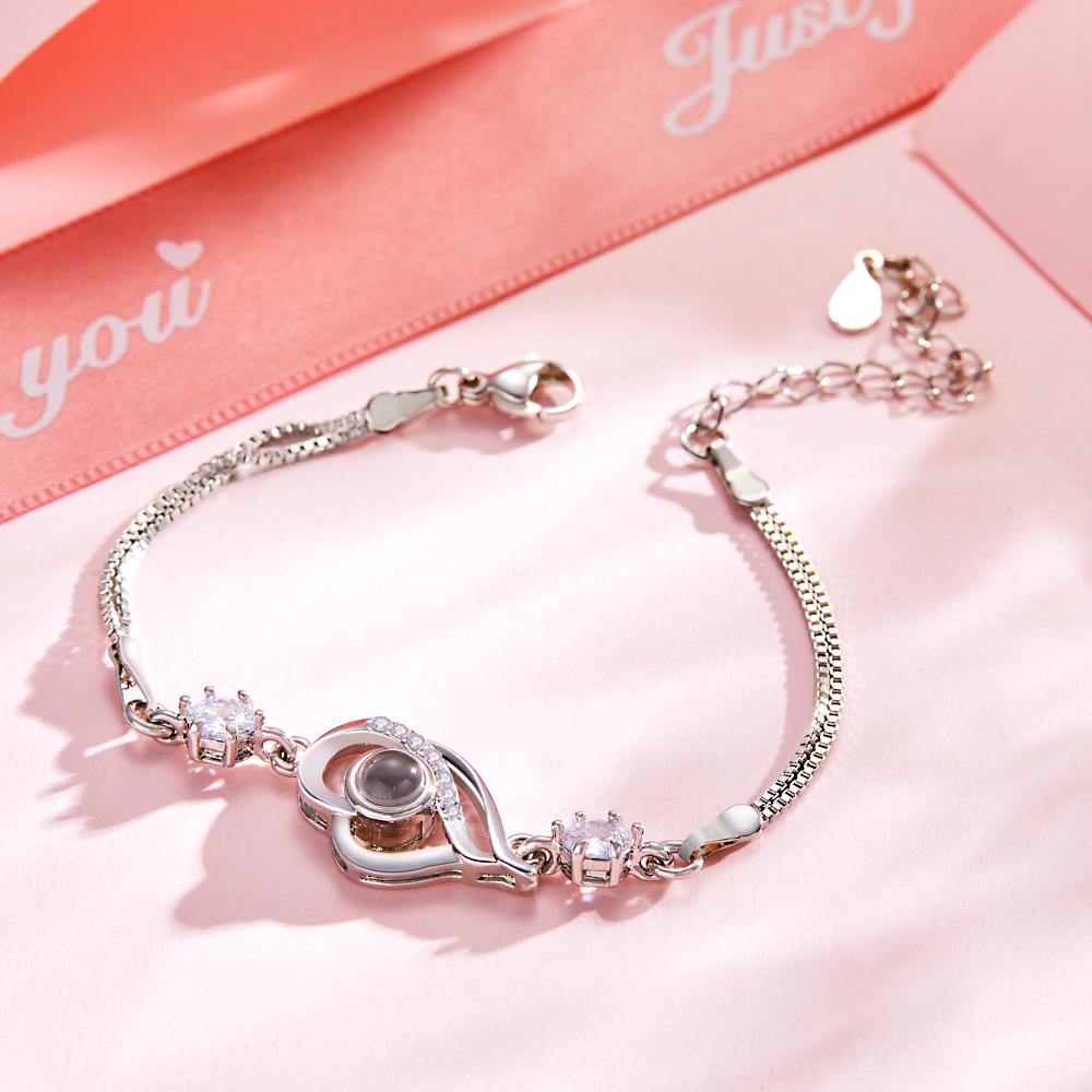 Custom Photo Bracelet Overlapped Hearts Projection Bracelet Gift for Mom Best Mother's Day Gift