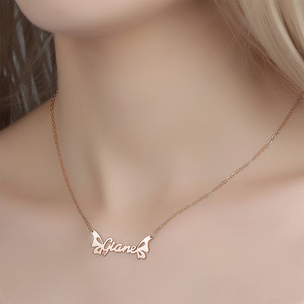 Personalized Name Necklace, Butterfly Necklace - Rose Gold