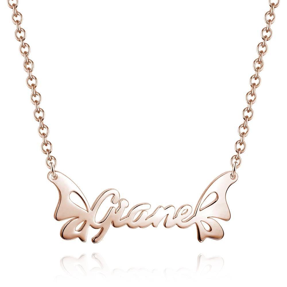 Personalized Name Necklace, Butterfly Necklace - Rose Gold