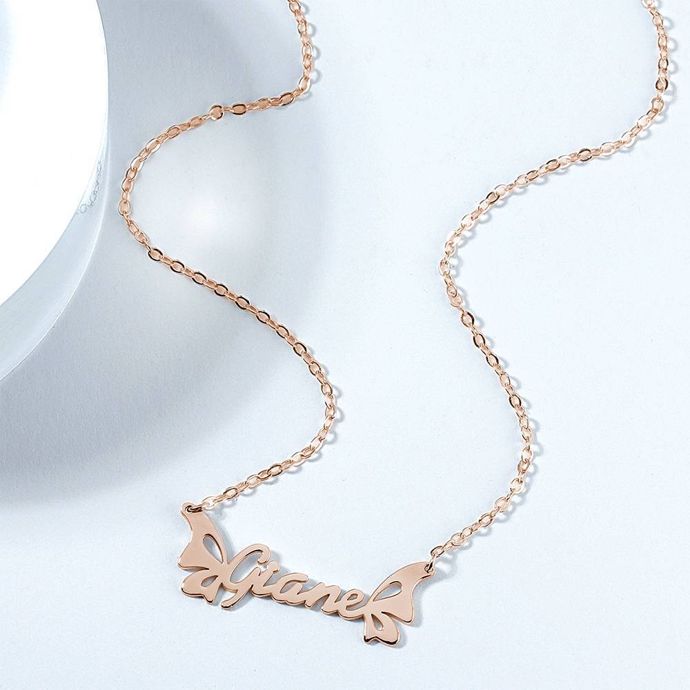 Personalized Name Necklace, Butterfly Necklace - Rose Gold