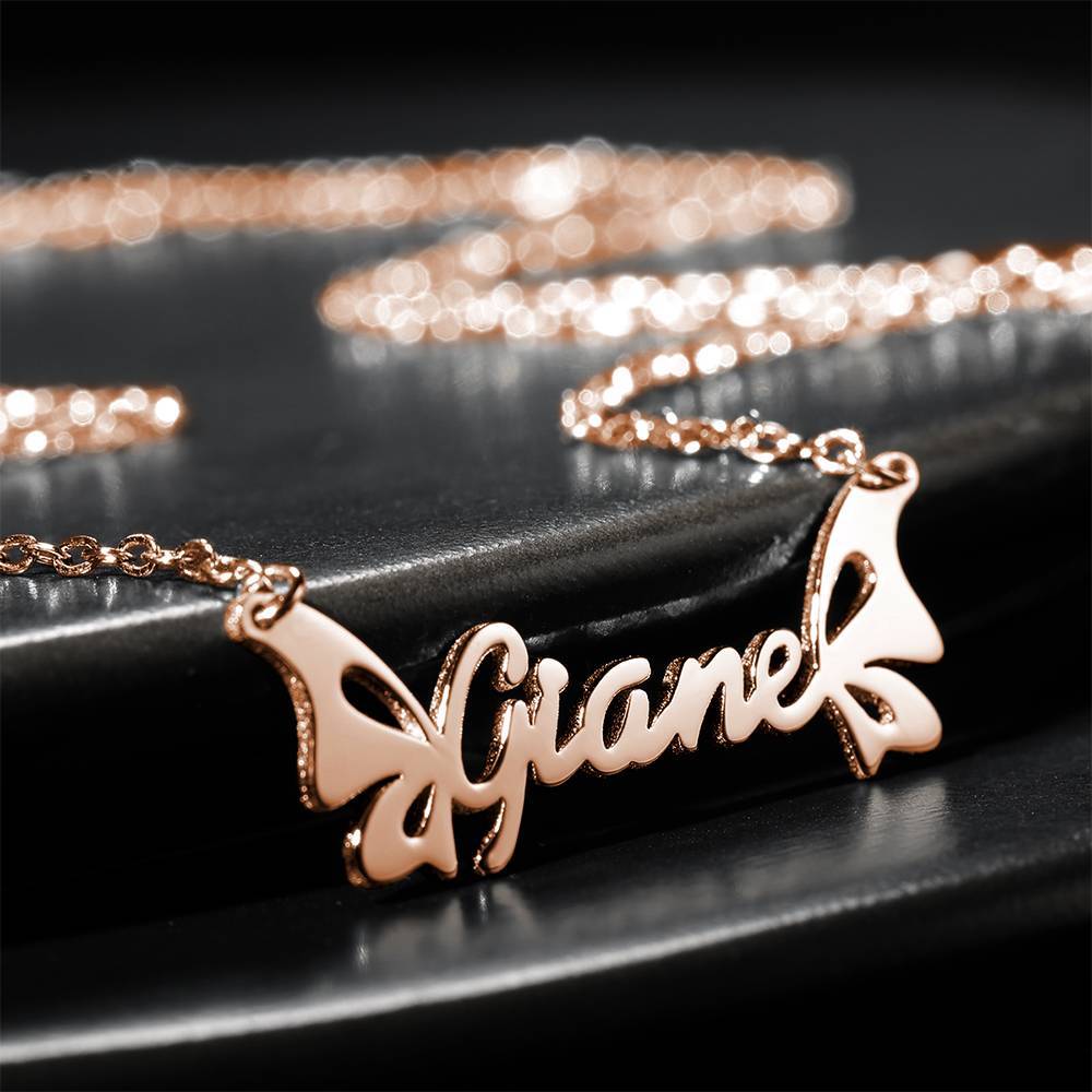 Personalized Name Necklace, Butterfly Necklace - Rose Gold