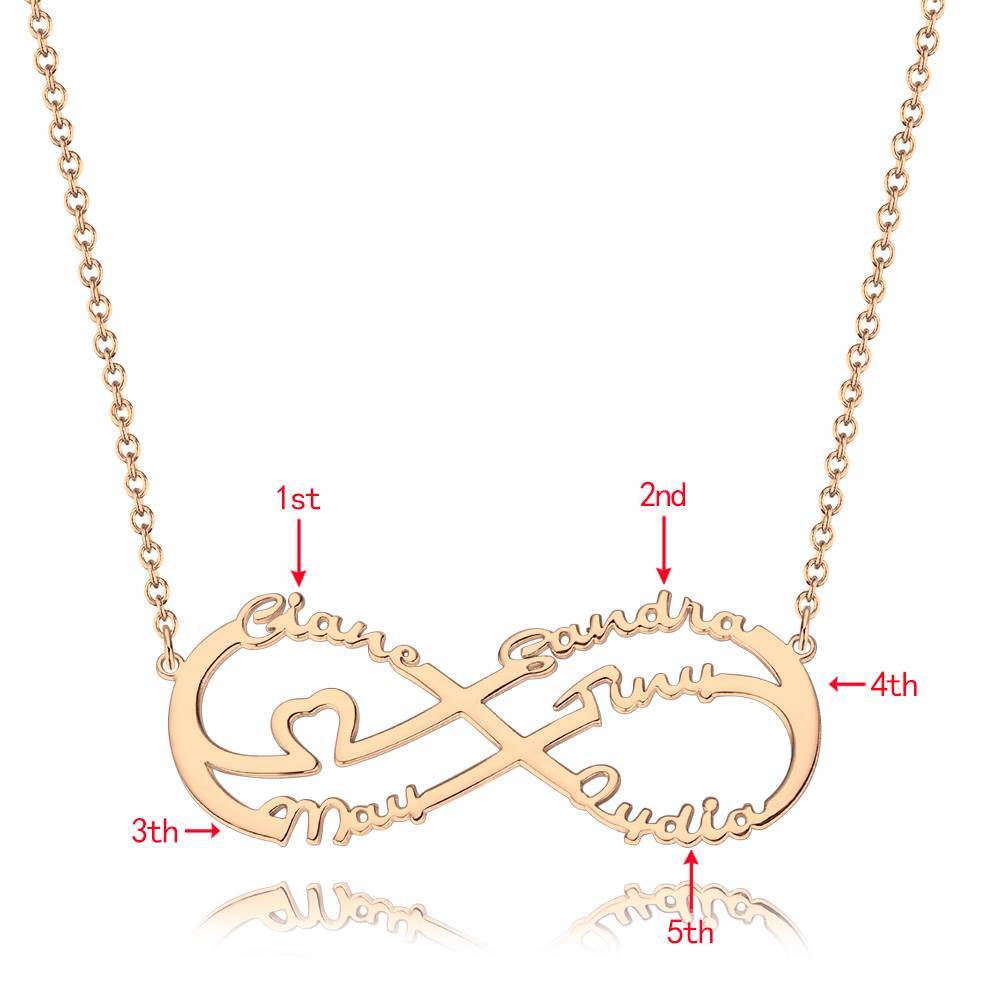 Infinity Necklace with Five Names, Family Name Necklace Rose Gold Plated - Rose Gold