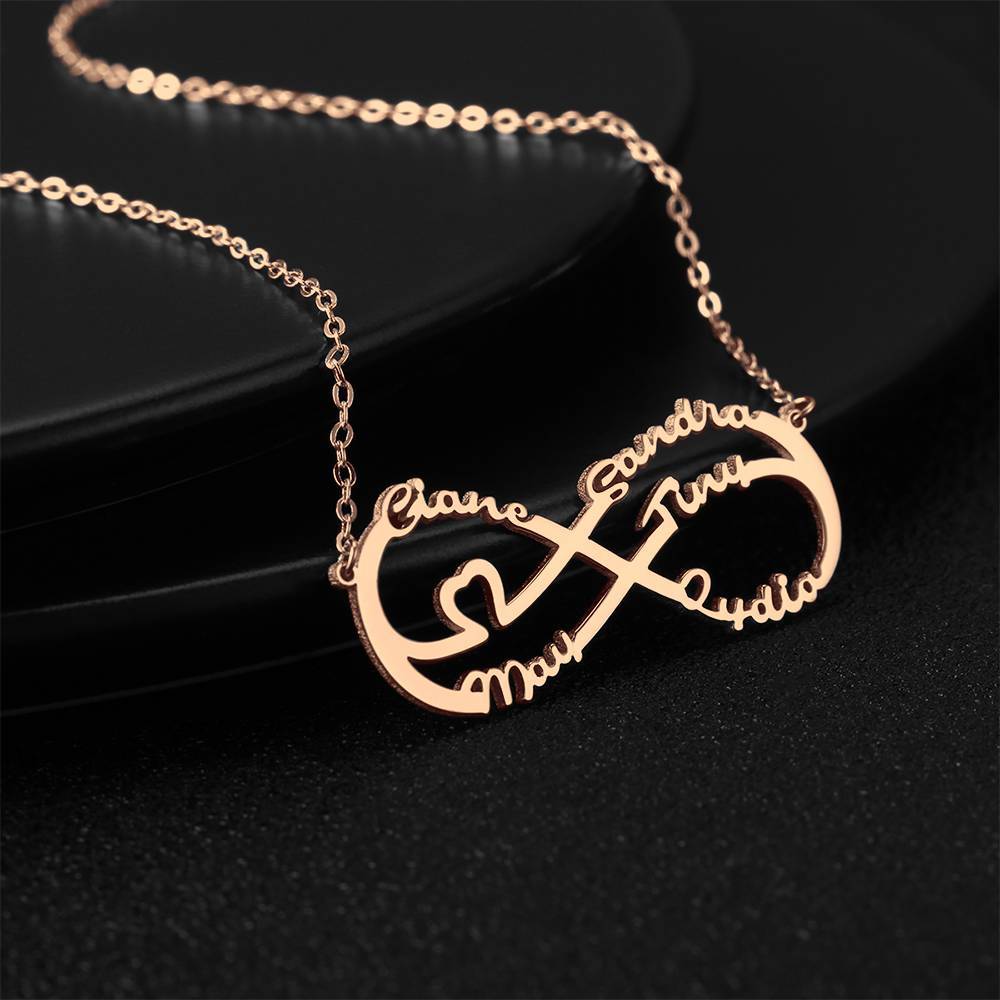 Infinity Necklace with Five Names, Family Name Necklace Rose Gold Plated - Rose Gold