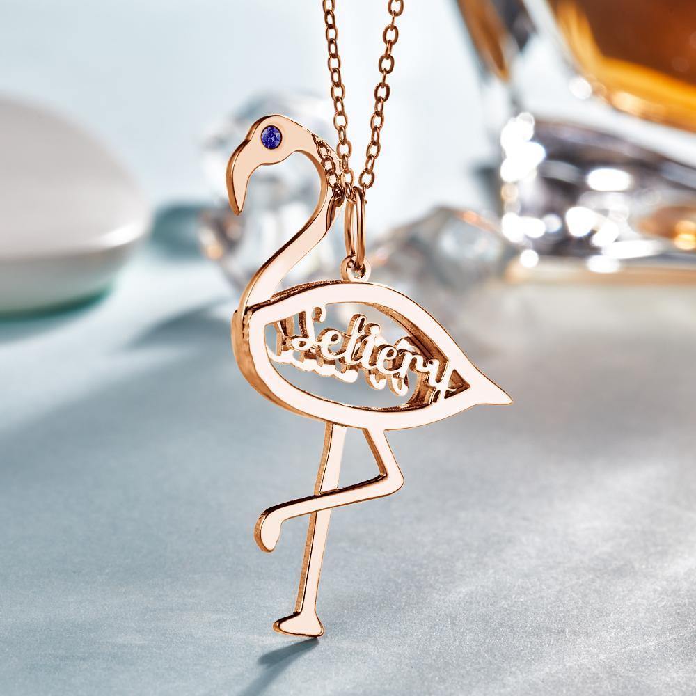 Custom Name Birthstone Necklace Flamingo Pendant Birthday Gifts Rose Gold Plated Silver