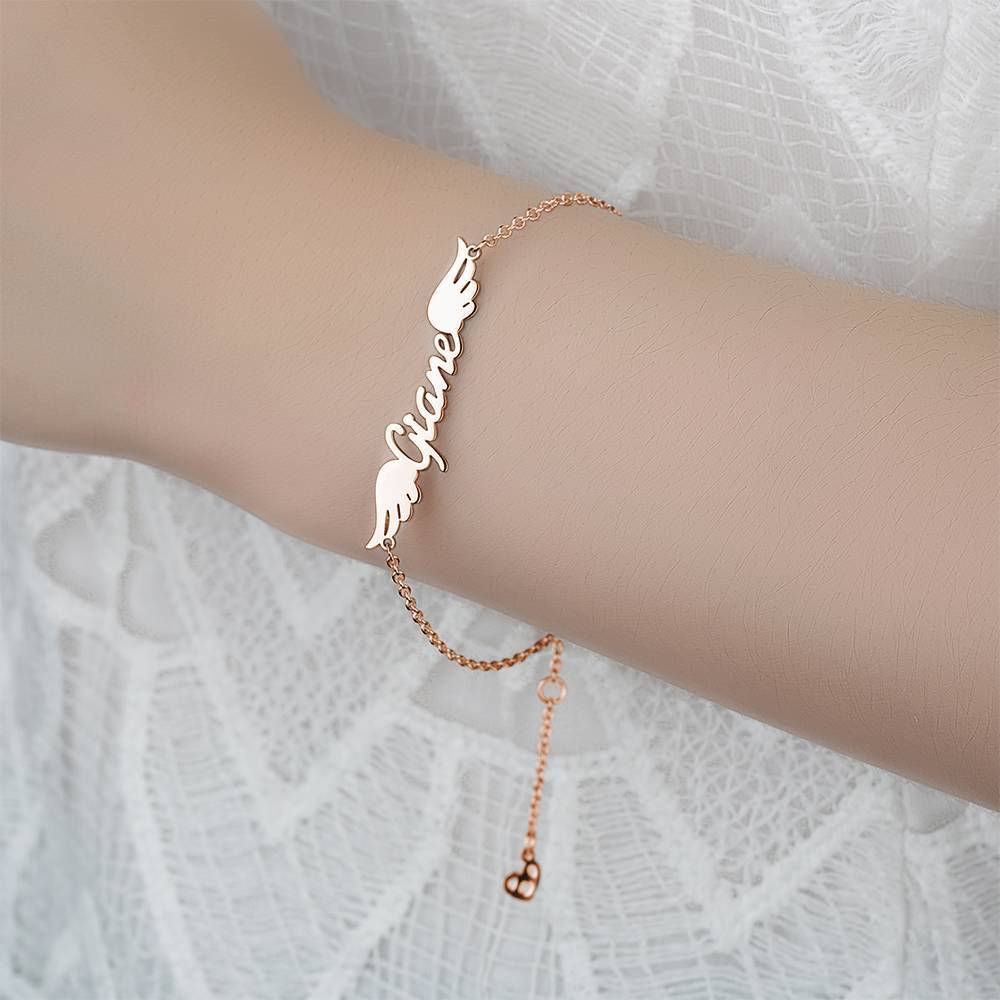 Name Bracelet, Personalized Angel Wings Bracelet Rose Gold Plated