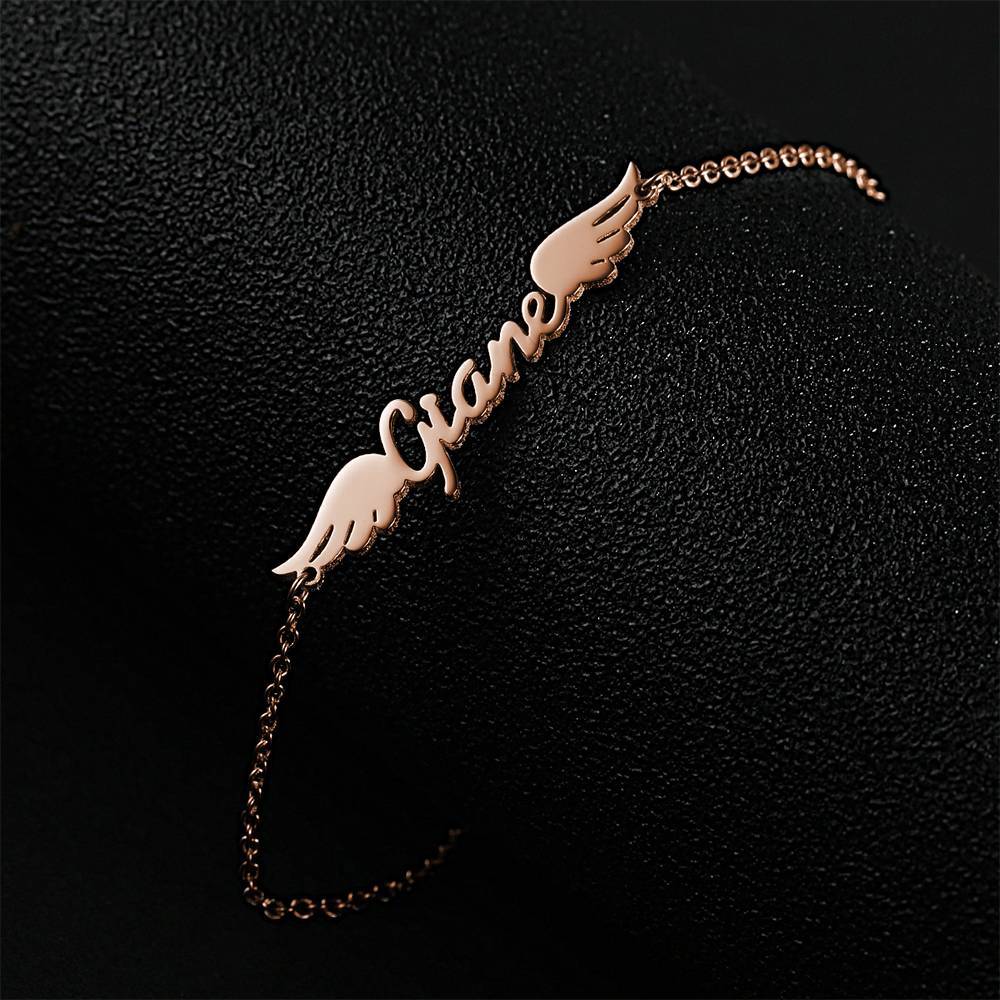 Name Bracelet, Personalized Angel Wings Bracelet Rose Gold Plated