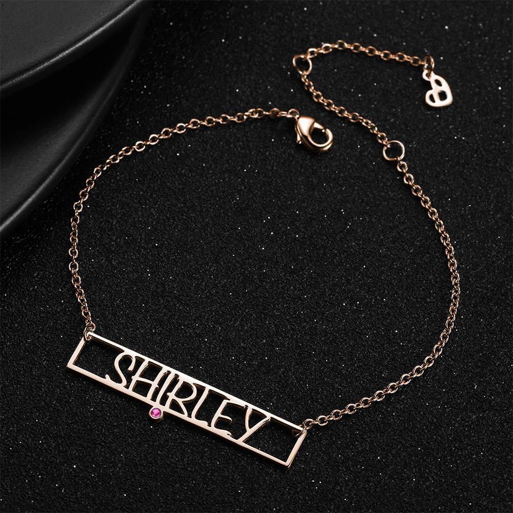 Hollow Carved Bar Name Bracelet with Custom Birthstone Rose Gold Plated