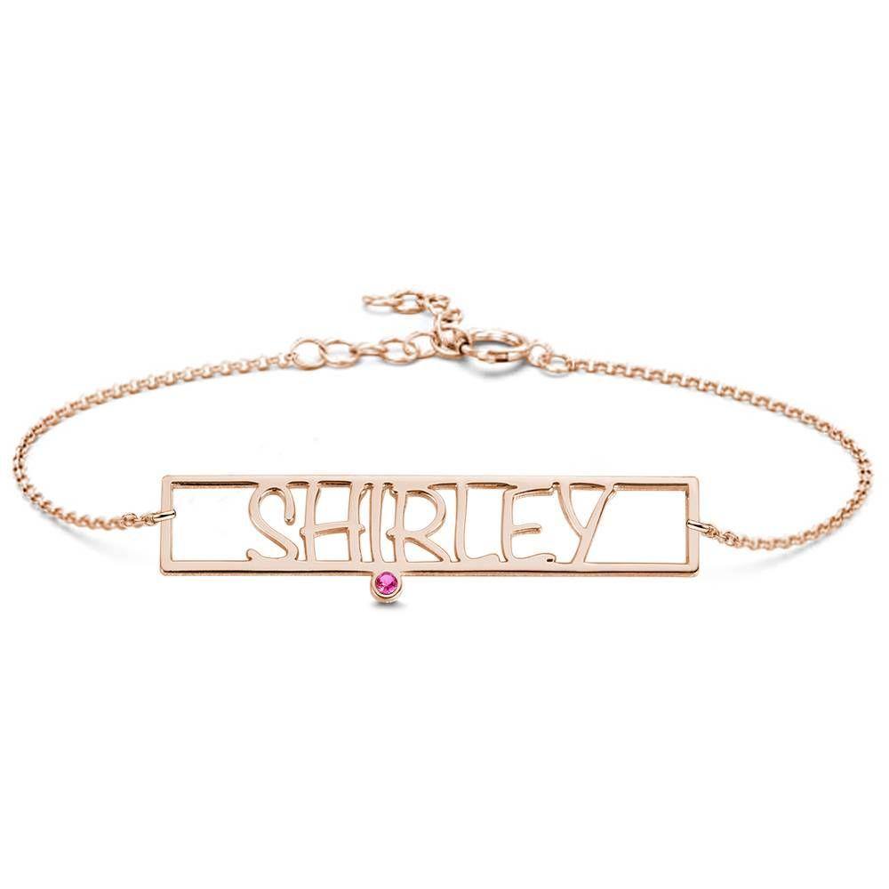 Hollow Carved Bar Name Bracelet with Custom Birthstone Rose Gold Plated