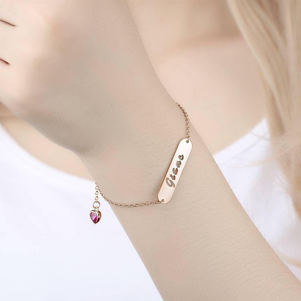 Hollow Carved Bar Name Bracelet with Custom Birthstone, Unique Gift Rose Gold Plated