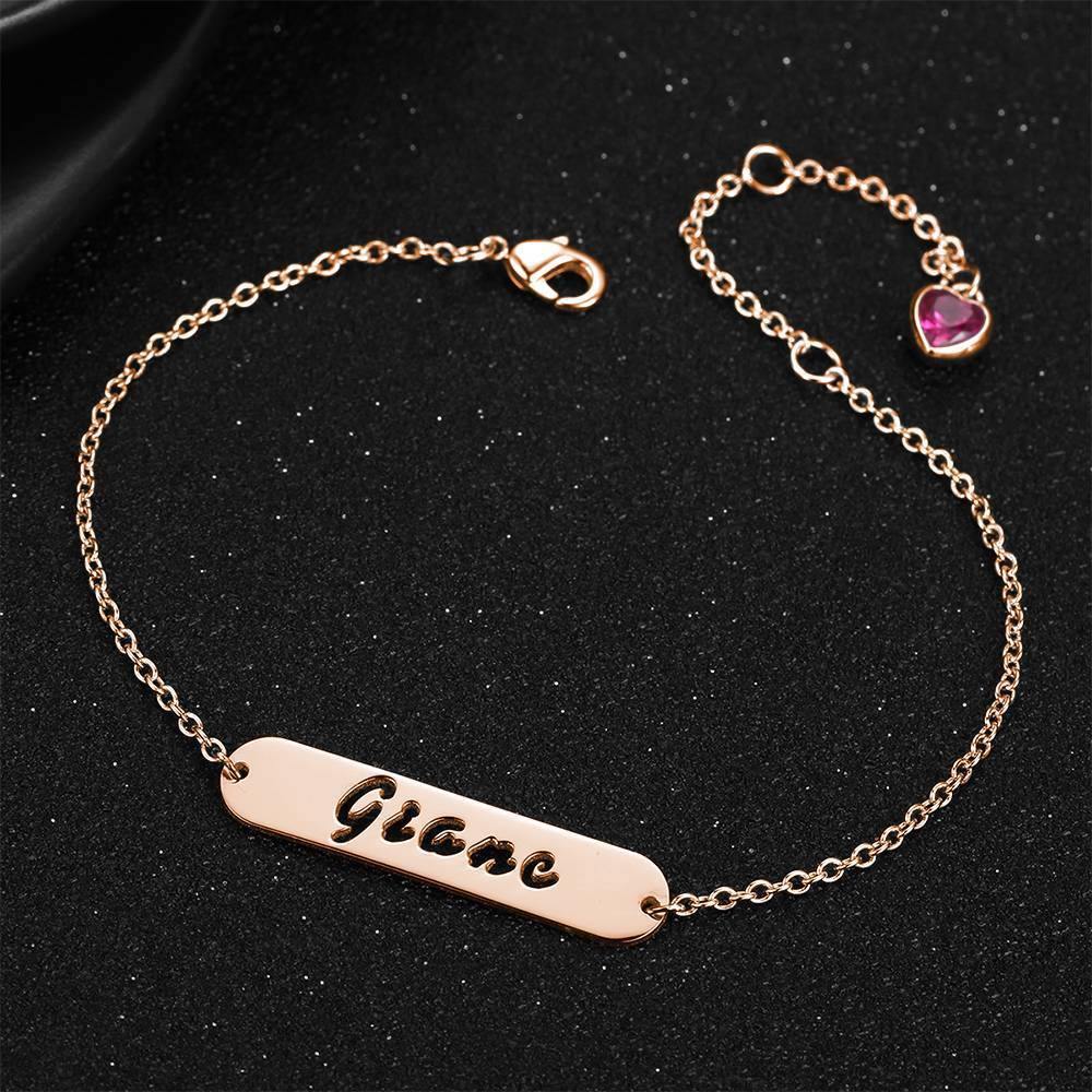 Hollow Carved Bar Name Bracelet with Custom Birthstone, Unique Gift Rose Gold Plated