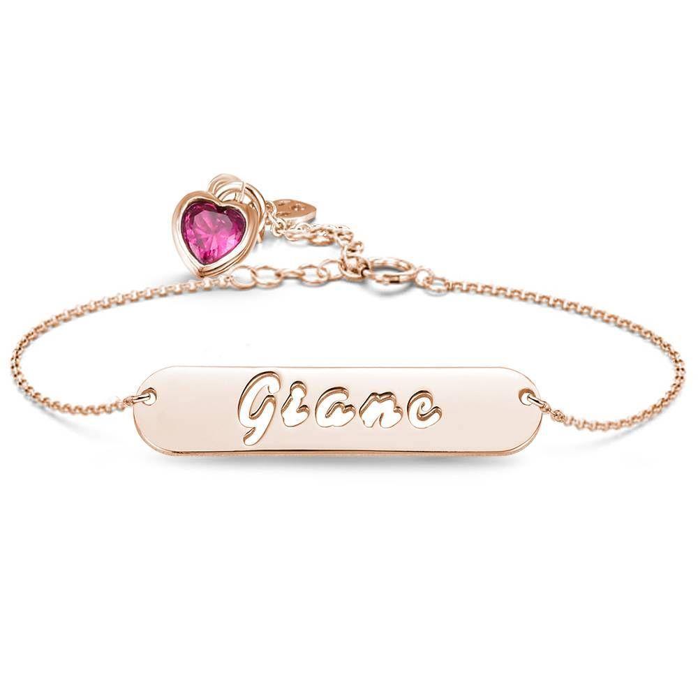 Hollow Carved Bar Name Bracelet with Custom Birthstone, Unique Gift Rose Gold Plated