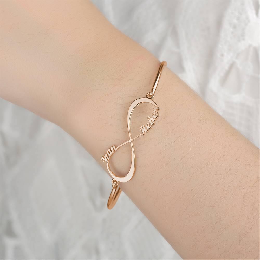 Name Bangle, Name Infinity Bracelet Two Names Rose Gold Plated
