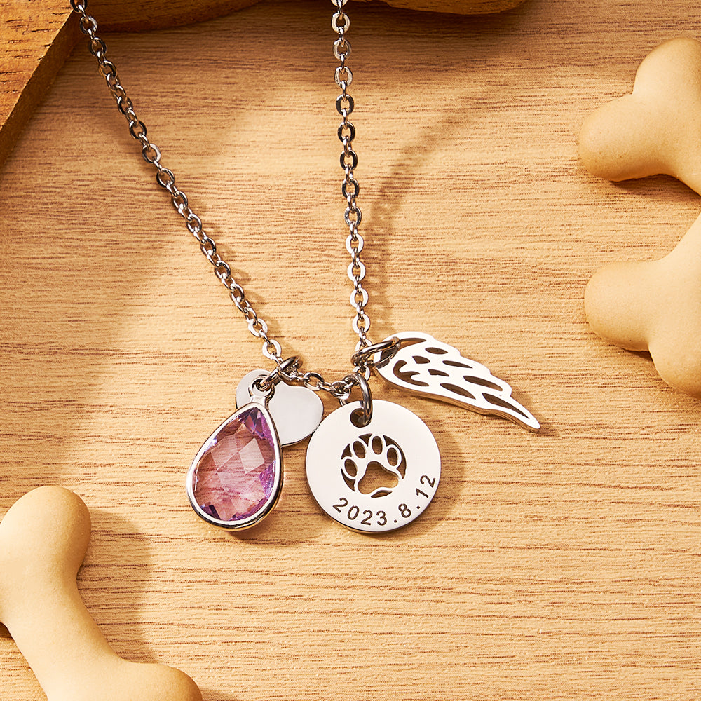 Custom Engraved Birthstone Necklace Memorial Gift for Pet Lover