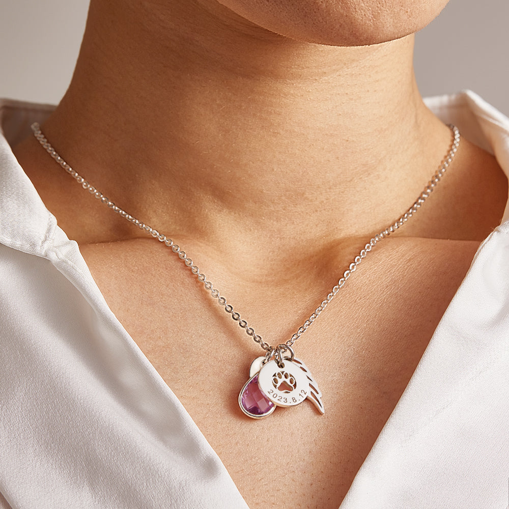 Custom Engraved Birthstone Necklace Memorial Gift for Pet Lover