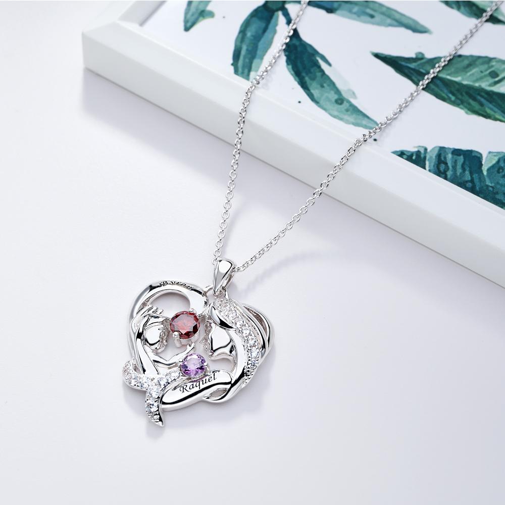 Engravable Mom And Baby Necklace With Birthstone Warm Gifts For Mom
