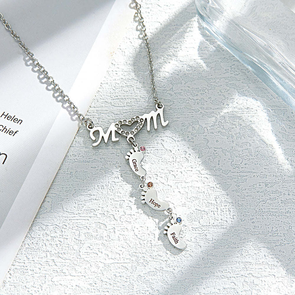 Mother's Necklace With Small Custom Name & Birthstone Baby Foot Charms