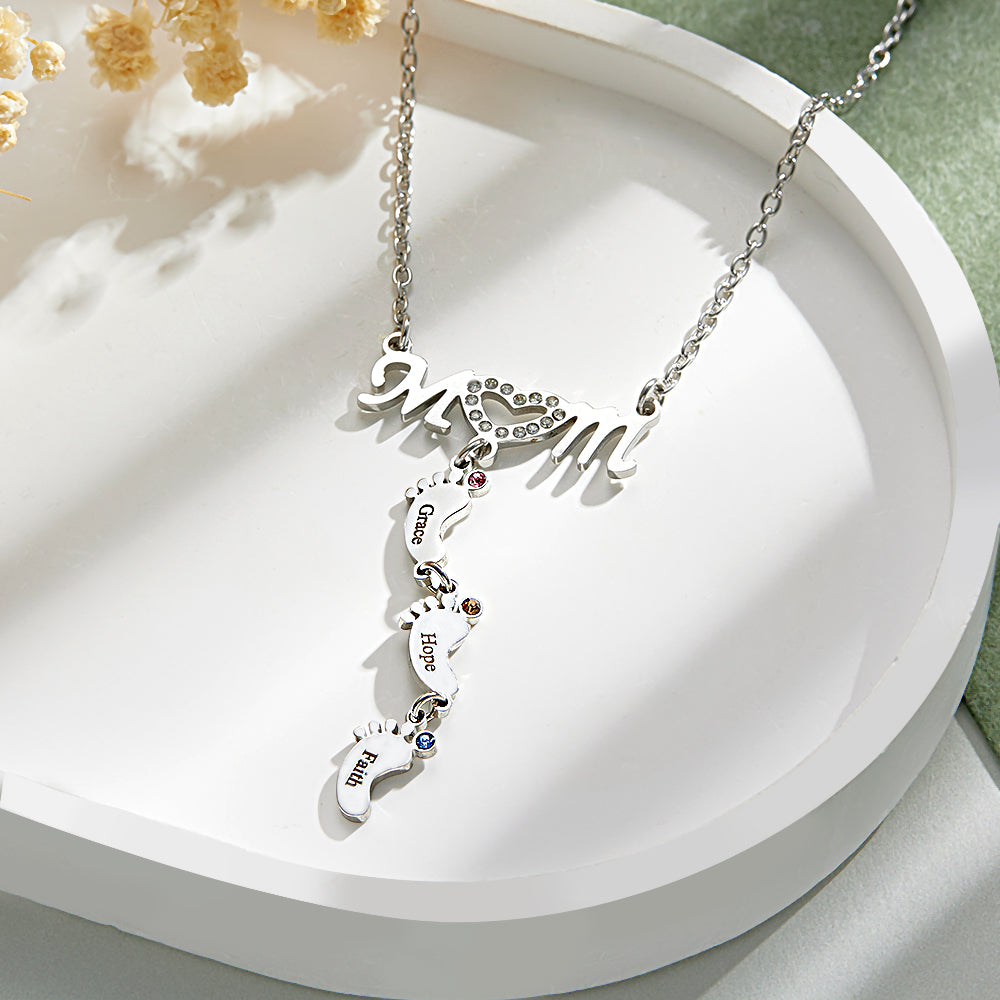 Mother's Necklace With Small Custom Name & Birthstone Baby Foot Charms
