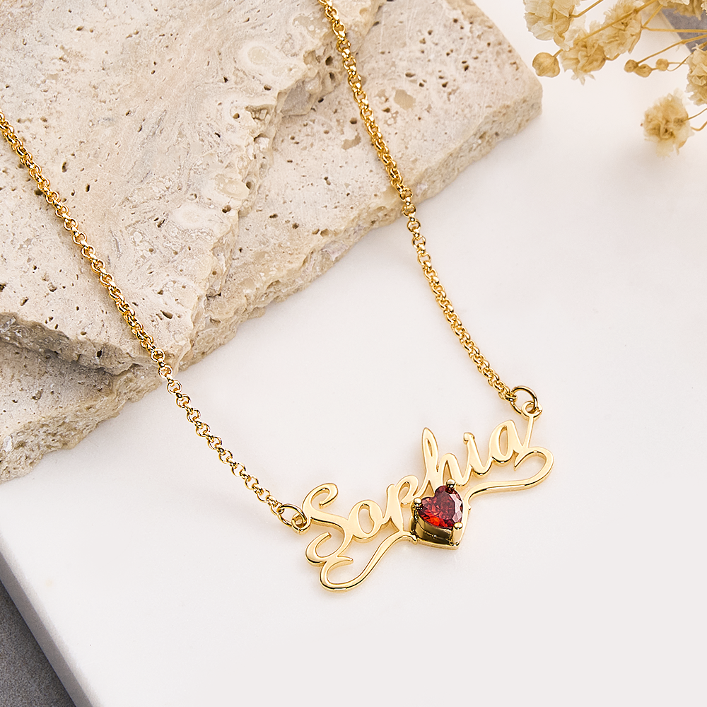 Personalized Name Necklace with Heart Birthstone Birthday Anniversary Gift for Her