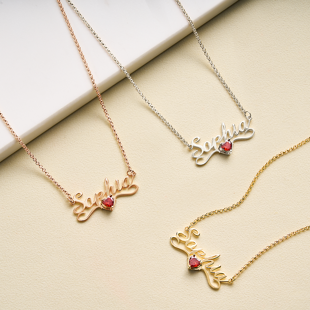 Personalized Name Necklace with Heart Birthstone Birthday Anniversary Gift for Her