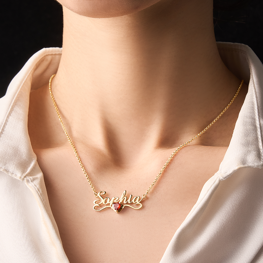 Personalized Name Necklace with Heart Birthstone Birthday Anniversary Gift for Her